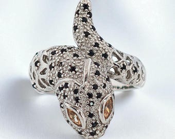 Solid Silver Panther Ring with Cubic Zirconia, Size M U.K. 6.25 U.S.