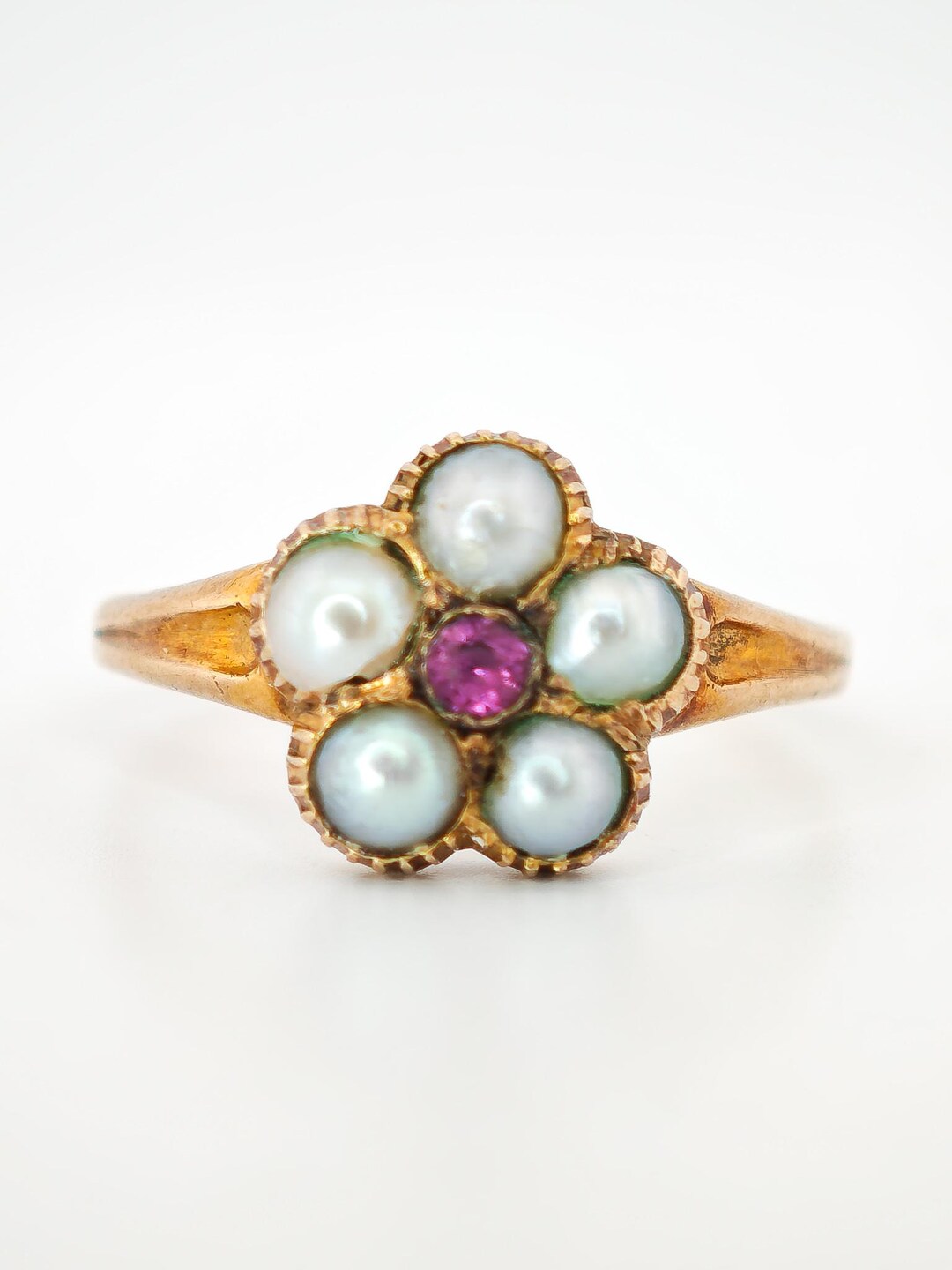 Georgian 15ct Gold Pearl and Ruby Flower Ring, Size UK K 1/2, Antique ...