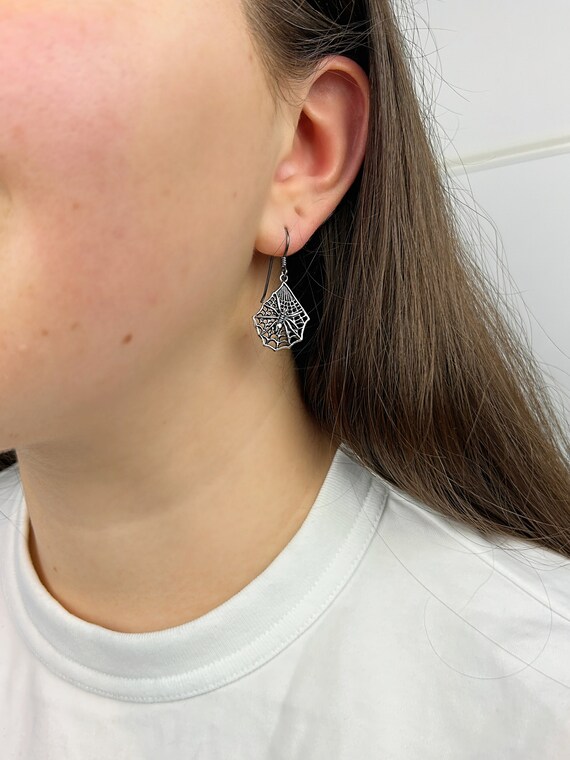 Solid Silver Spider Cobweb Earrings, Hypoallergen… - image 3