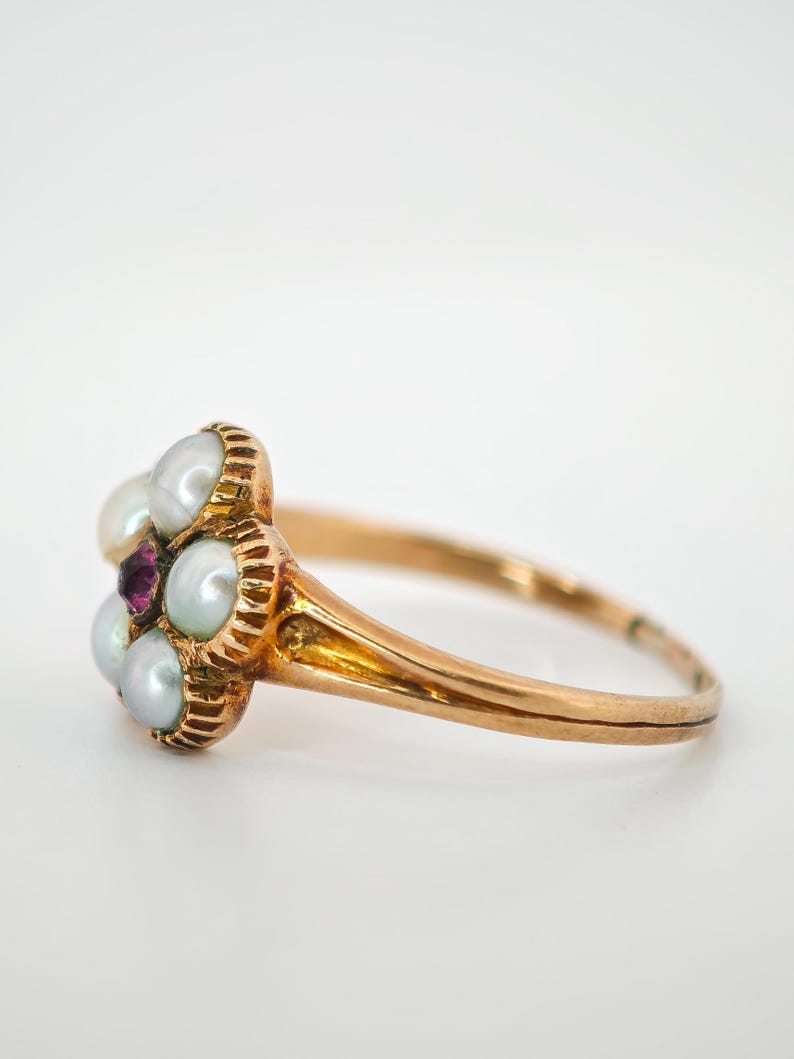 Georgian 15ct Gold Pearl and Ruby Flower Ring, Size UK K 1/2, Antique ...