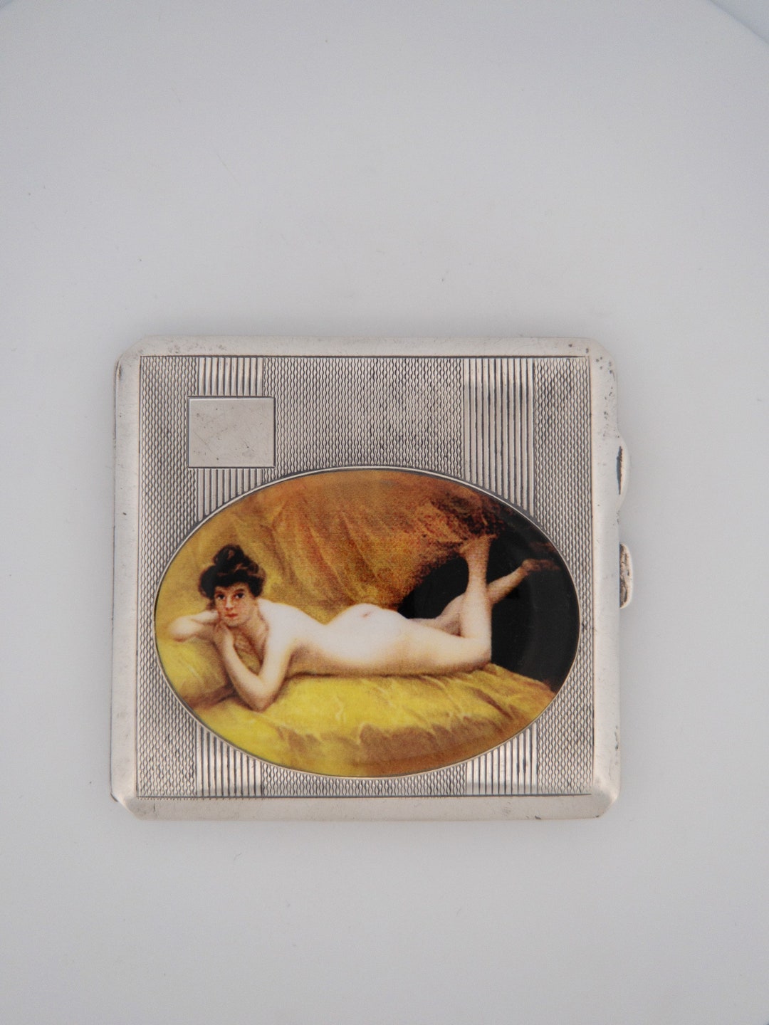 erotic cigarette case 1938 Solid Silver Antique Cigarette Case, Erotic Naked Lady on Yellow Rug,  Gilt Washed