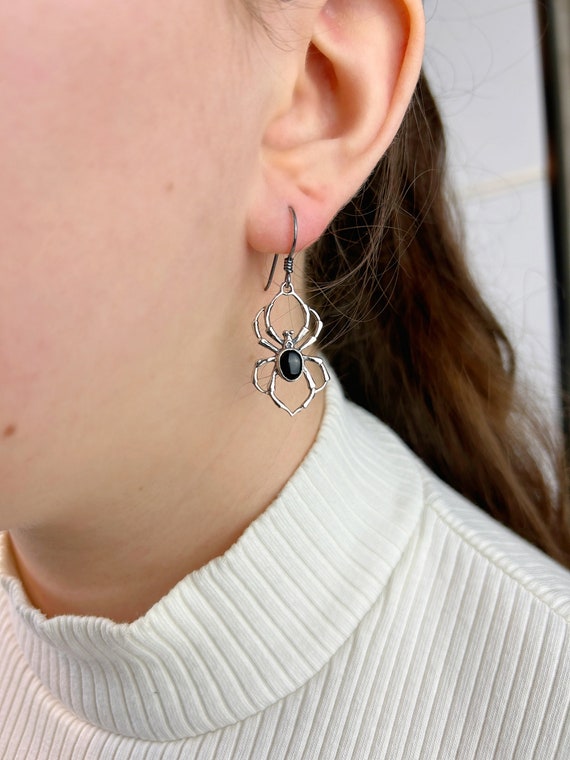 Solid Silver Onyx Spider Earrings, Hypoallergenic… - image 6