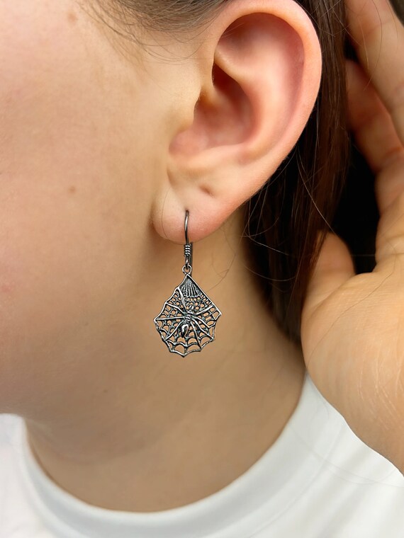 Solid Silver Spider Cobweb Earrings, Hypoallergen… - image 2