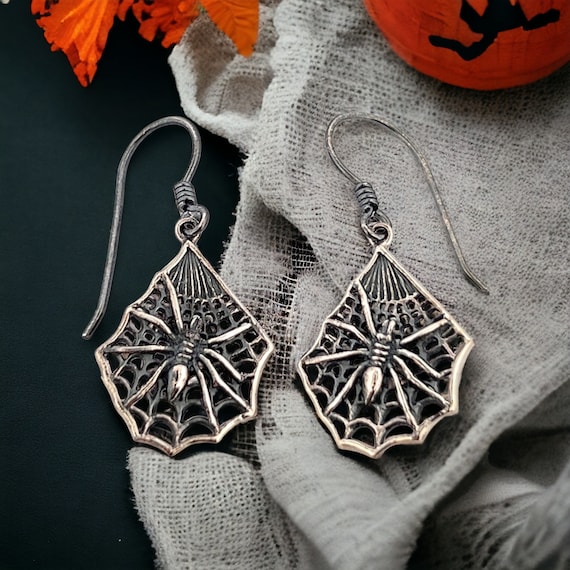 Solid Silver Spider Cobweb Earrings, Hypoallergen… - image 1