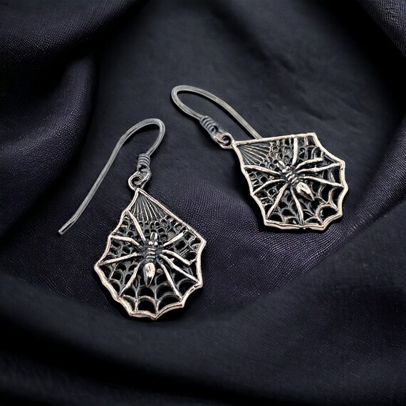 Solid Silver Spider Cobweb Earrings, Hypoallergen… - image 9