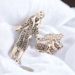 Dog Walker Brooch with Marcasite Gemstones, Sterling Silver Westie Pin, Gift for Her, Dog Lovers Scottie Sentimental Present
