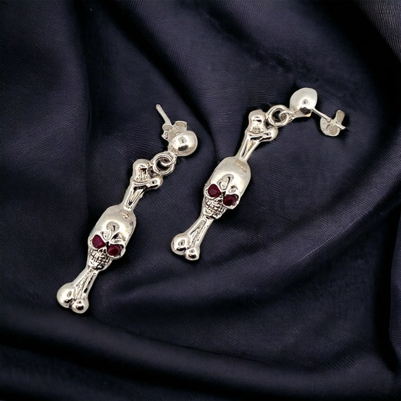 Solid Silver Skull and Ruby Earrings, Hypoallerge… - image 6