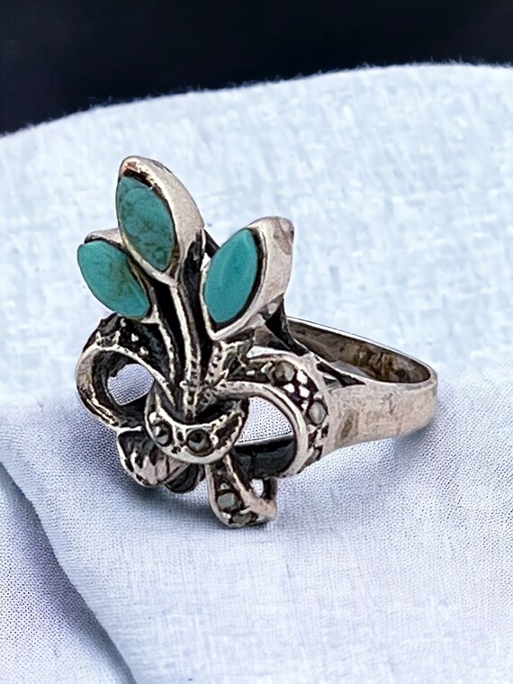 Solid Silver Turquoise and Marcasite Wheatsheaf R… - image 2