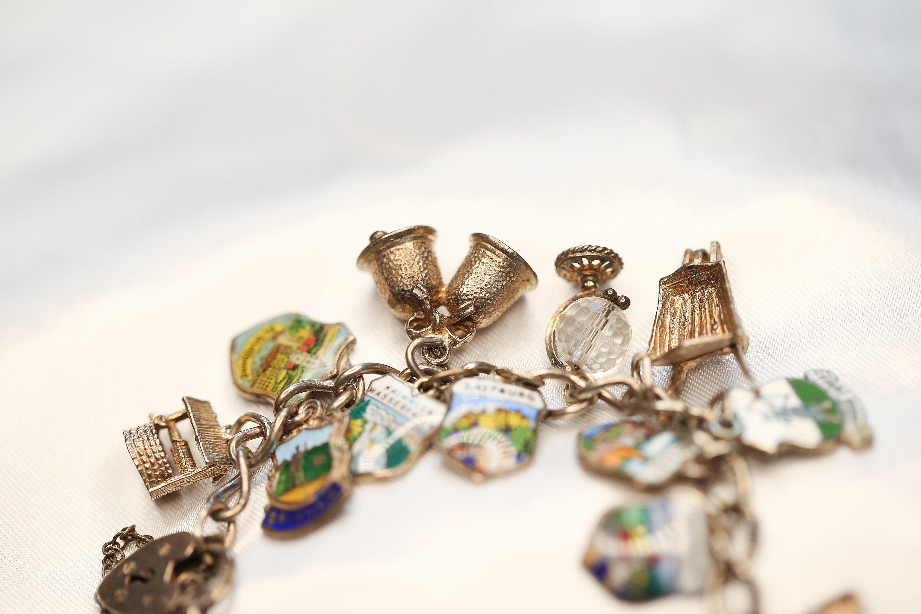 Vintage Full Sterling Silver Charm Bracelet - Padlock Clasp Vintage Full Sterling Silver Charm Bracelet - Padlock Clasp