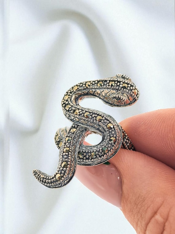 Solid Silver Snake Ring with Marcasites, Size U.K… - image 1