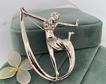 Art Deco Style Dancing Woman Silver Brooch Pin for Women, Gift for Women, Dancing Hoop Brooch, 1920s Dancer, Showgirl Jewelry, Silver Pin