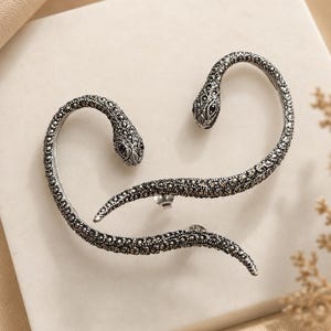May include: A pair of silver-toned ear cuffs shaped like snakes. Each snake features a textured, dark metallic finish with intricate scale detailing along the body and a defined head. The ear cuffs are designed to wrap around the ear cartilage.