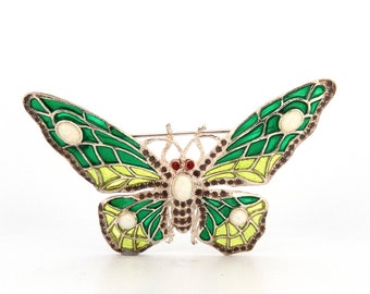 Silver Butterfly Enamel Brooch Plique a Jour Opal -  Insect Pin -