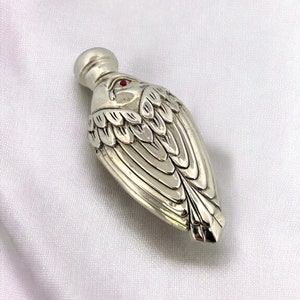 Silver Plated Art Deco Style Owl Perfume Bottle Ruby Eyes, Double Sided Novelty Bird Scent Bottle