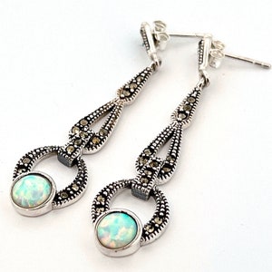 Opal Marcasite Fine Silver Drop Earrings