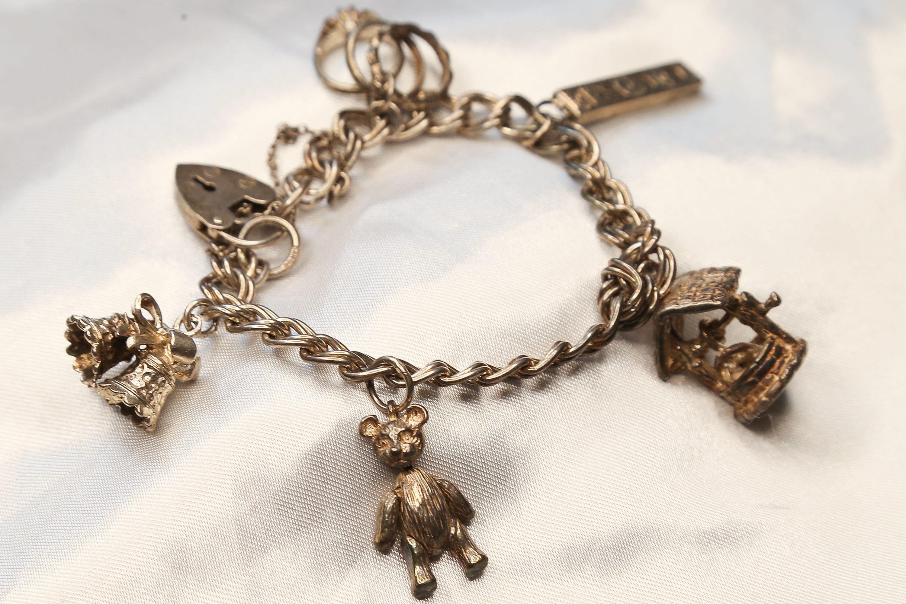 Vintage Full Sterling Silver Charm Bracelet - Padlock Clasp