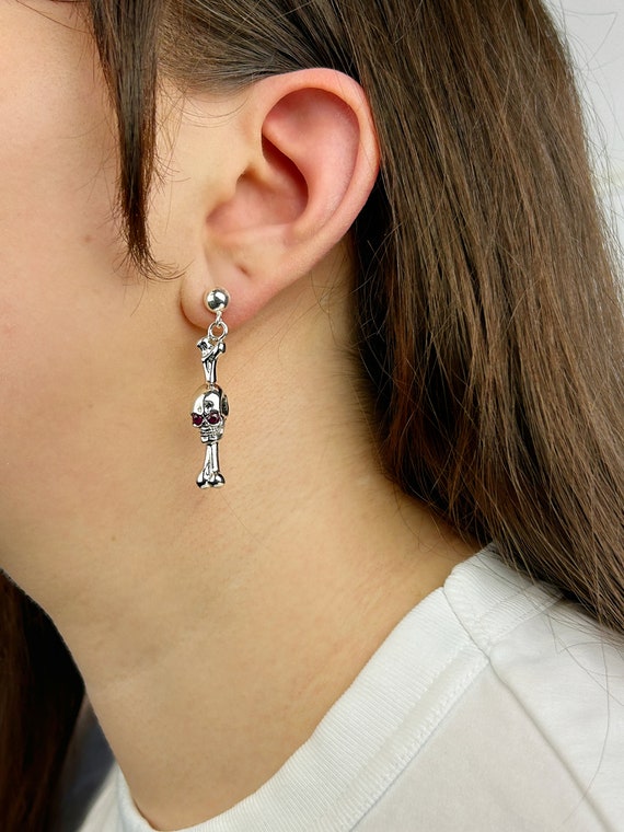 Solid Silver Skull and Ruby Earrings, Hypoallerge… - image 2