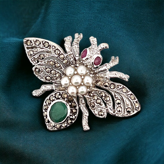 Silver Bug Brooch with Ruby, Pearl, and Marcasite… - image 1