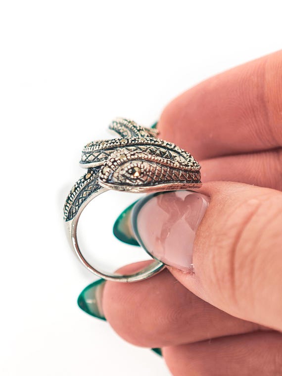 Solid Silver Snake Ring with Marcasites, Size U.K… - image 7