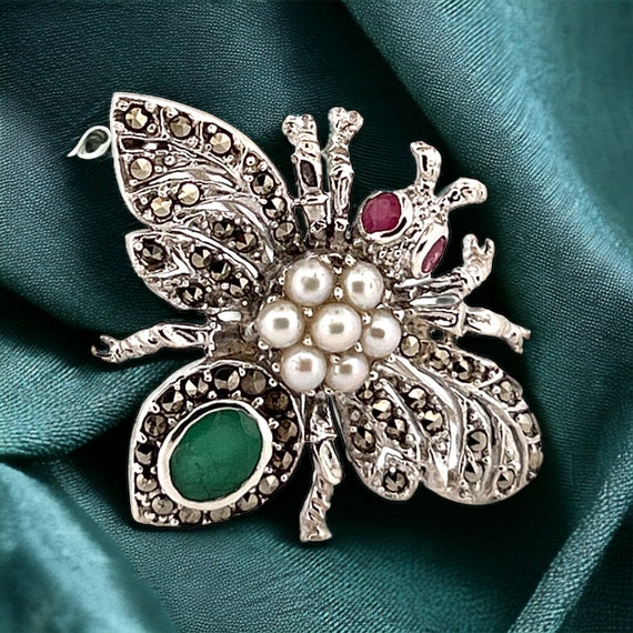 Silver Bug Brooch with Ruby, Pearl, and Marcasite… - image 7