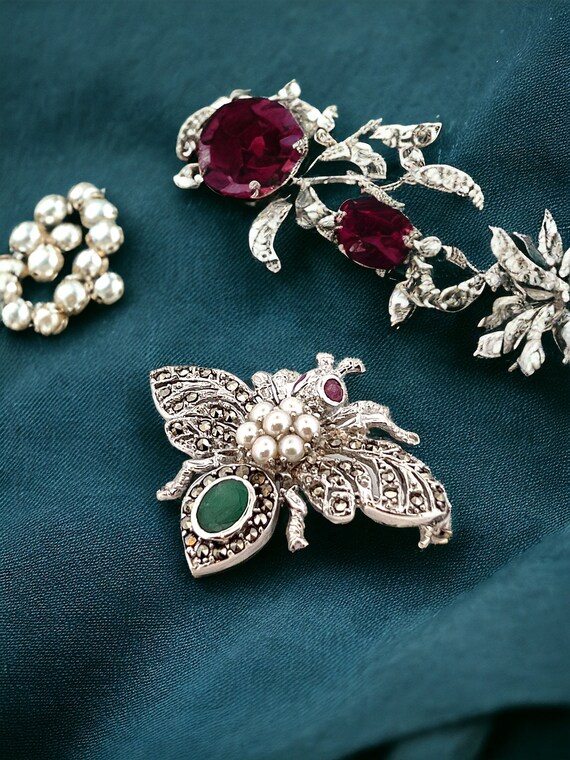 Silver Bug Brooch with Ruby, Pearl, and Marcasite… - image 2