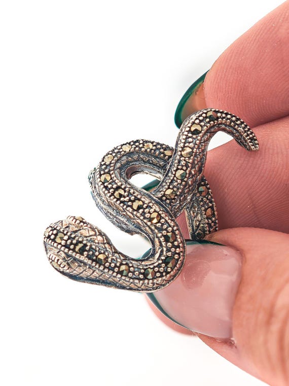 Solid Silver Snake Ring with Marcasites, Size U.K… - image 6