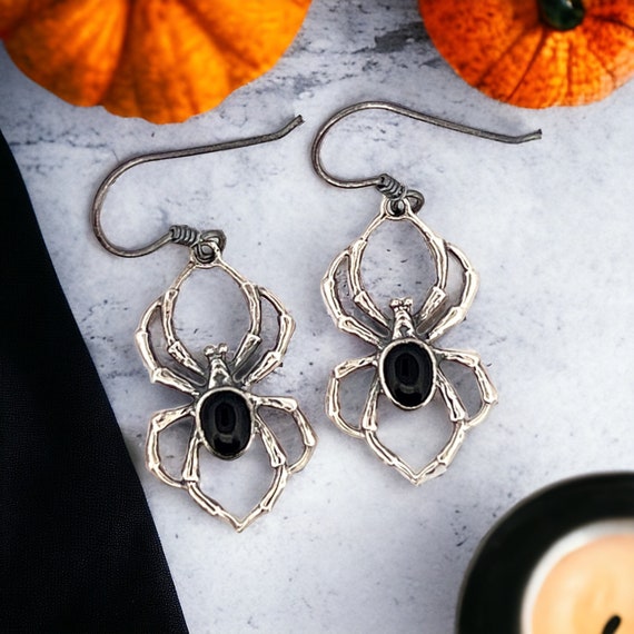 Solid Silver Onyx Spider Earrings, Hypoallergenic… - image 1