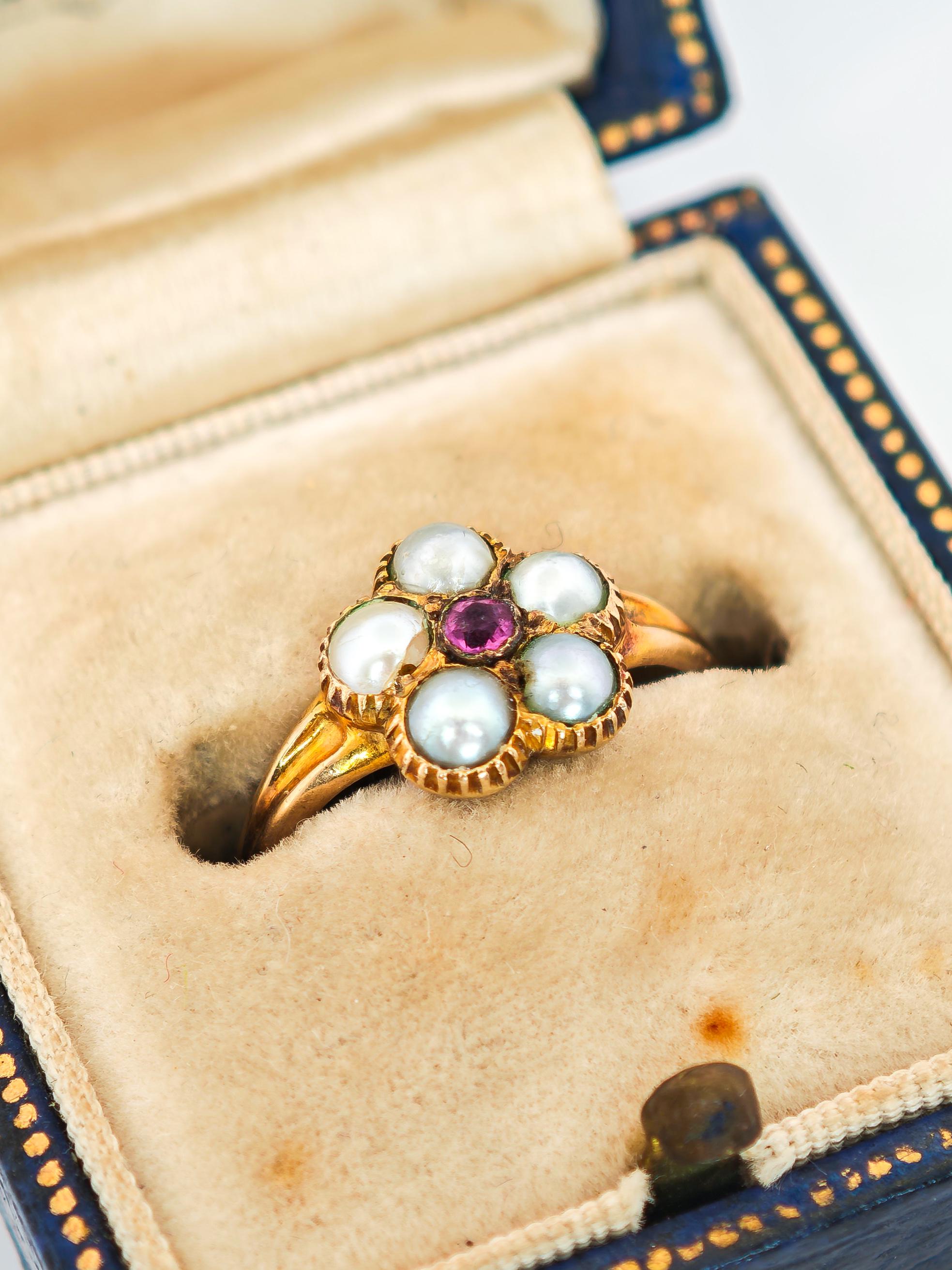 Georgian 15ct Gold Pearl and Ruby Flower Ring, Size UK K 1/2, Antique ...