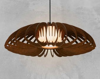 Brown Lotus Glass lampshade, wood ceiling light, Scandinavian pendant, BRADA, wood lamp, plywood chandelier, wood pendant light wood light