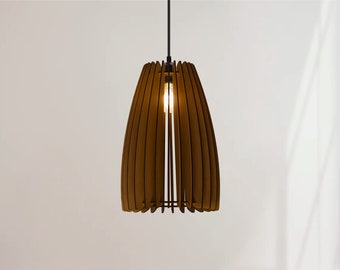 May include: A wooden pendant light with a brown finish and a unique slatted design. The light is hanging from a black cord.