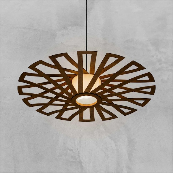 Brown Discus Plywood Chandelier: Mid-Century Modern Pendant Light