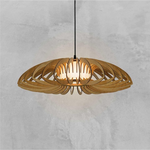 Abat-jour en verre de lotus naturel, plafonnier en bois, suspension scandinave, BRADA, lampe en bois, lustre en contreplaqué, suspension en bois lumière en bois