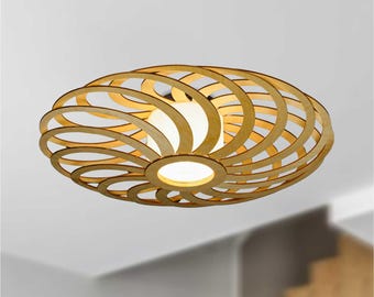 Swirling Plywood Flush Mount Lampshade: Scandinavian Wood Ceiling Light