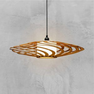 Scandinavian wooden spiral chandelier made from precision-cut brown plywood, lightweight handcrafted pendant fixture with soft diffused lighting for contemporary interiors.