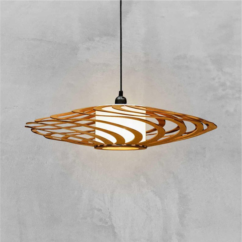 Scandinavian wooden spiral chandelier made from precision-cut brown plywood, lightweight handcrafted pendant fixture with soft diffused lighting for contemporary interiors.