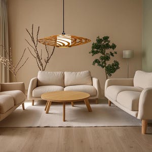 Scandinavian-style wooden hanging light with a natural plywood structure. Elegant and minimalist chandelier for cozy interiors. Sustainable and handmade pendant lamp for eco-conscious home decor lovers.