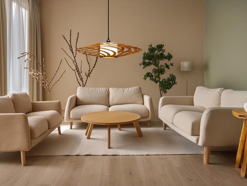 Scandinavian-style wooden hanging light with a natural plywood structure. Elegant and minimalist chandelier for cozy interiors. Sustainable and handmade pendant lamp for eco-conscious home decor lovers.