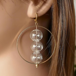 Clear Stacked Sphere Hoop Earrings with 18K Gold Hoop, Unique Glass Bubble Ball Earrings, Modern Jewelry, Unique Dangle Earrings