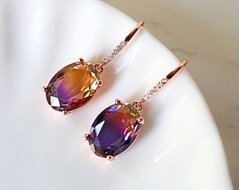 Purple Earrings, 18K Gold Plated Amethyst Purple Dangle Earrings,  Rose Gold Earrings, Wedding Jewelry Statement Earrings Prom Jewelry
