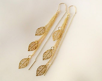 Gold Long Tassel Earrings , Leaf Gold Chain Earrings, Threader earrings, Long Gold Earrings, Wedding, Bride Prom Jewelry