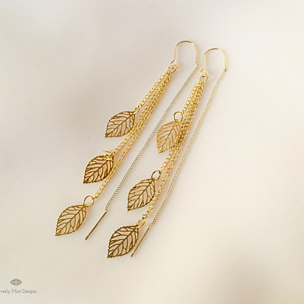 Gold Long Tassel Earrings , Leaf Gold Chain Earrings, Threader earrings, Long Gold Earrings, Wedding, Bride Prom Jewelry