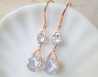 Rose Gold Drop Earrings, Rose Gold Earrings, Crystal Dangle Earrings,  Rosegold Drop Earrings. Wedding ,Earrings for Wedding