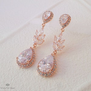 Rose Gold Drop Earrings, Round Teardrop Crystal Earrings, Wedding ,Bridal Earrings Prom Jewelry