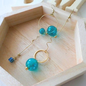 Green Dangle Earrings, Asymmetric Tassel Earrings, Blue Green Earrings, Unique Glass Ball Earrings, Unique Mismatched Earrings Prom Jewelry