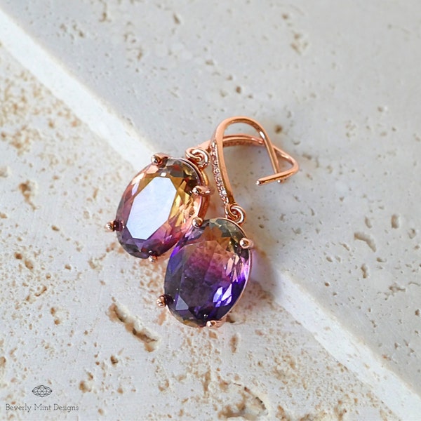 Rose Gold Earrings, 18K Gold Plated Amethyst Purple Dangle Earrings,  Gift For Her, Wedding Jewelry Statement Earrings Prom Jewelry