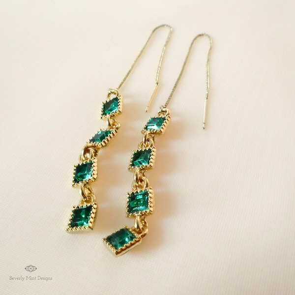 Green Stone Gold Chain Earrings, Gold Dangle Earrings,  Threader earrings, Drop Earrings Gold , Bride Earrings Prom Jewelry