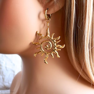 Gold Sunburst Earrings, Extra Large Spiral Sun Hoops, Bold Statement Earrings, Heavy Celestial Jewelry, Boho Festival Earrings, Gift for Her