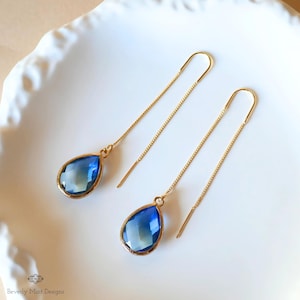 Blue and Green Teardrop Earrings, Blue Ombre Threader  Earrings, Elegant Teardrop Earrings, Handmade Gradient Crystal Drop Earrings