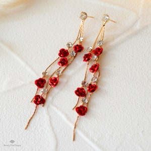 Rose Flower Earrings, Red Rose Dangle Earrings , Flower Threader Earrings, Red Earrings, Wedding Earrings ,Gift for her, Prom Jewerly