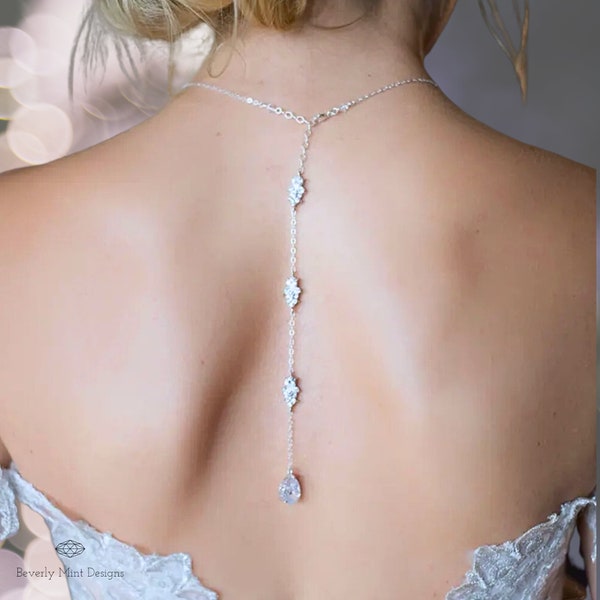 Back Necklace for Wedding, Backdrop Necklace, Cubic Zirconia Backdrop Necklace Wedding, Bridal Gift Prom Jewelry